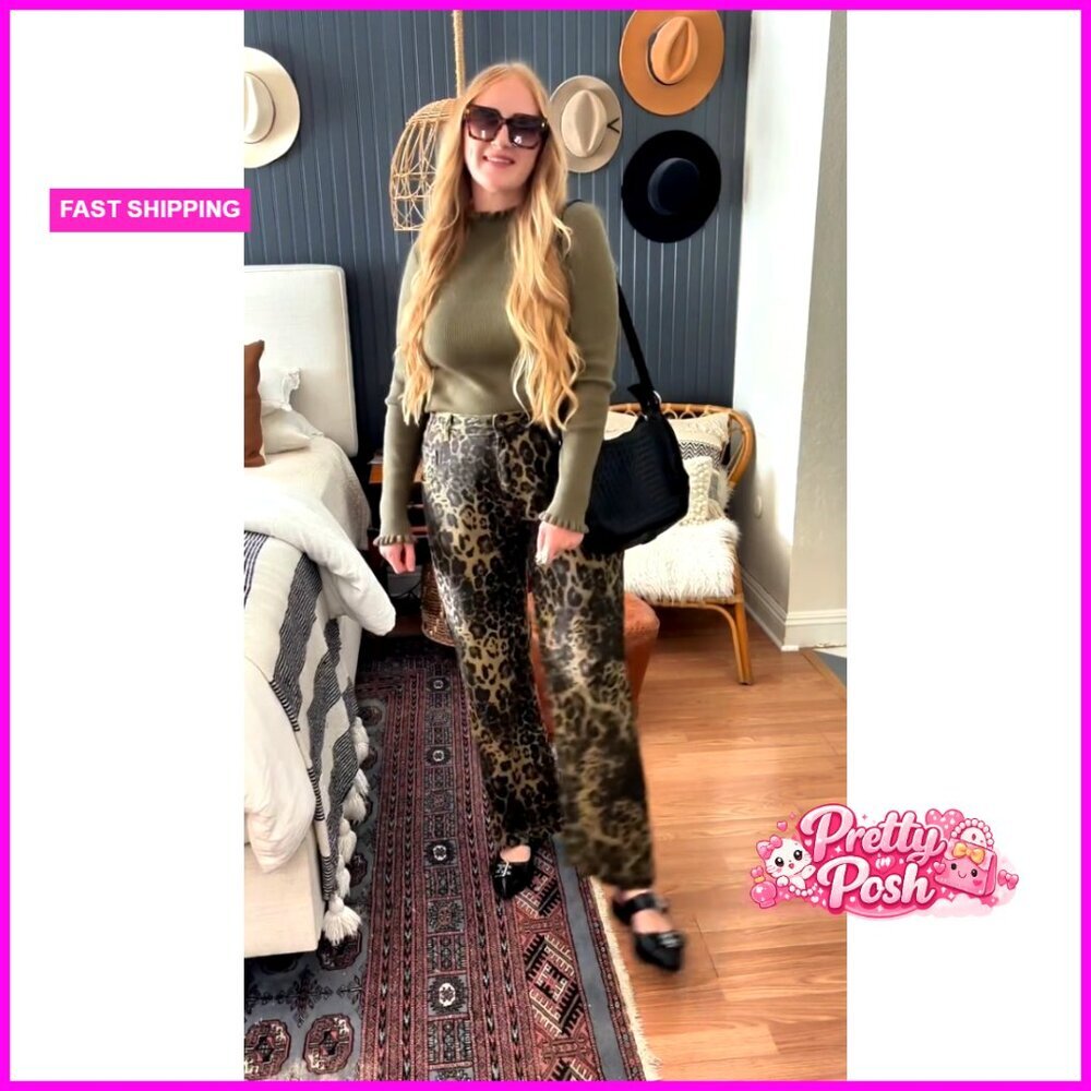 Leopard Print Wide Leg Denim Pants Mid Rise Boyfriend Fit - Picture 7 of 7
